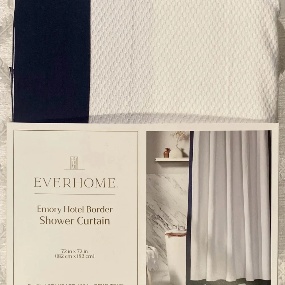NEW HOTEL LUXURY SHOWER CURTAIN 72 X 72 WHITE w NAVY BORDER 100% COTTON